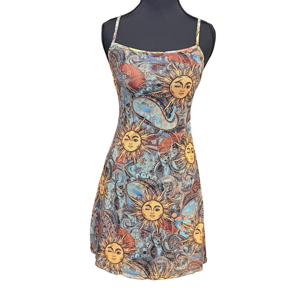 NWT Milumia Celestial Sun Print Mesh Slip Dress Y2K XS lettuce edge dream Stars